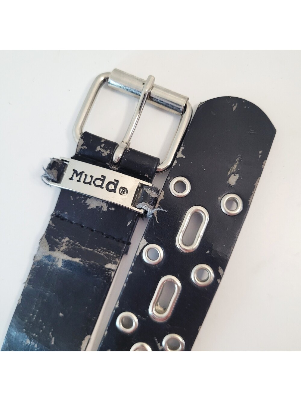 Mudd Size XL 36" Black Genuine Leather Grommet Belt Y2K Distressed